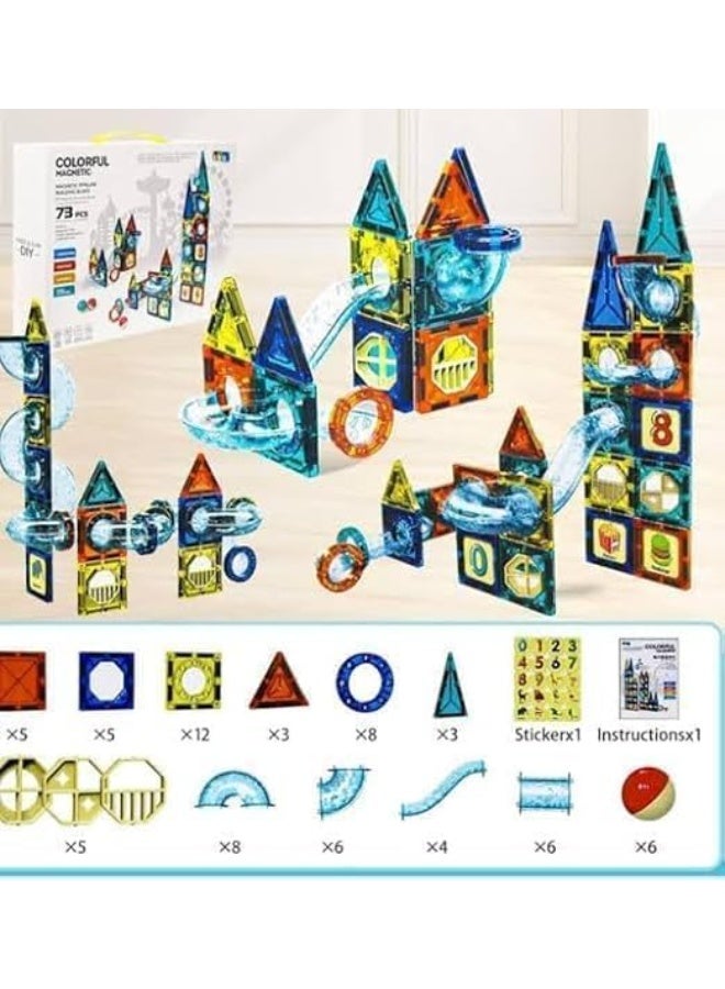 Magnet Tiles Magnetic Building Blocks, Magnetic Tiles, Square Building Castle, Preschool Toys, STEM Stacking Construction Toys for Boys Girls (73 PCS) - Image 2